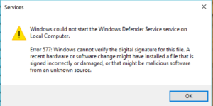 Исправление ошибки 577 защитника Виндовс 10